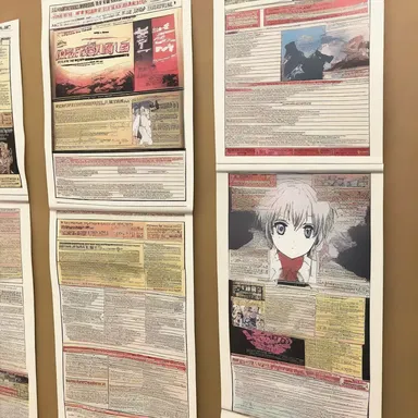 The call-board in the theater is covered with anime-themed flyers for upcoming shows.