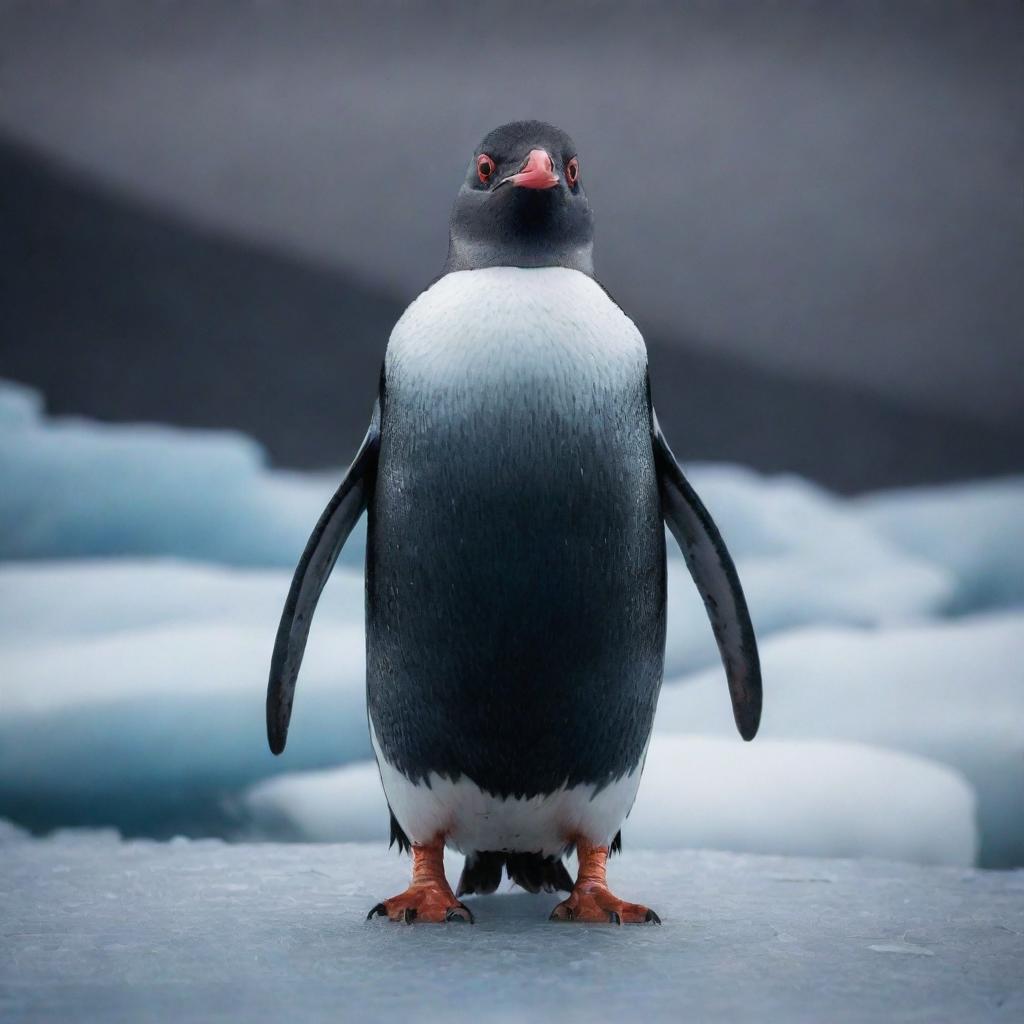 A sinister looking penguin with glowing red eyes, cloaked in a dark mist, standing ominously on an ice glacier under a stormy sky.