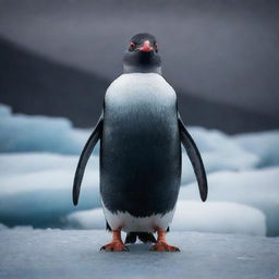 A sinister looking penguin with glowing red eyes, cloaked in a dark mist, standing ominously on an ice glacier under a stormy sky.