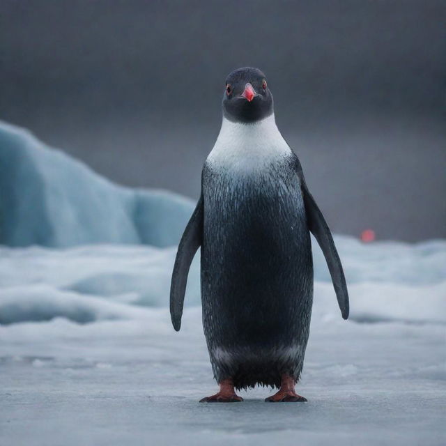 A sinister looking penguin with glowing red eyes, cloaked in a dark mist, standing ominously on an ice glacier under a stormy sky.