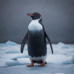 A sinister looking penguin with glowing red eyes, cloaked in a dark mist, standing ominously on an ice glacier under a stormy sky.