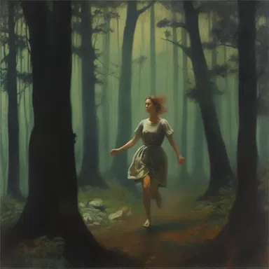 The painting depicted a woman exercising caution as she navigated through a dark forest.