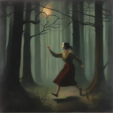 The painting depicted a woman exercising caution as she navigated through a dark forest.