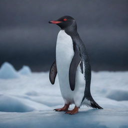 A sinister looking penguin with glowing red eyes, cloaked in a dark mist, standing ominously on an ice glacier under a stormy sky.