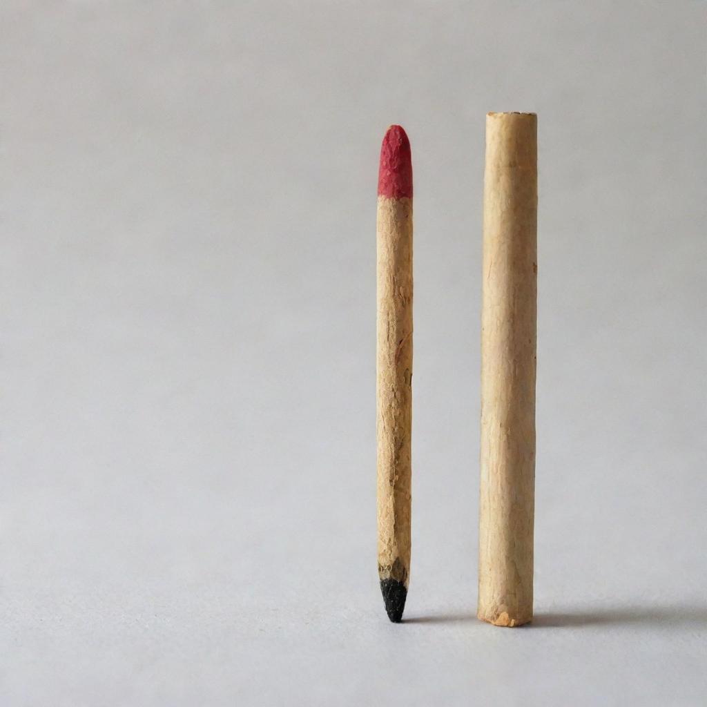 A diminutive matchstick located adjacent to a significantly larger matchstick, showcasing a striking size contrast