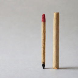 A diminutive matchstick located adjacent to a significantly larger matchstick, showcasing a striking size contrast