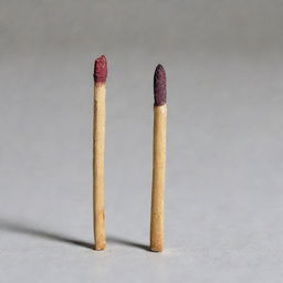 A diminutive matchstick located adjacent to a significantly larger matchstick, showcasing a striking size contrast