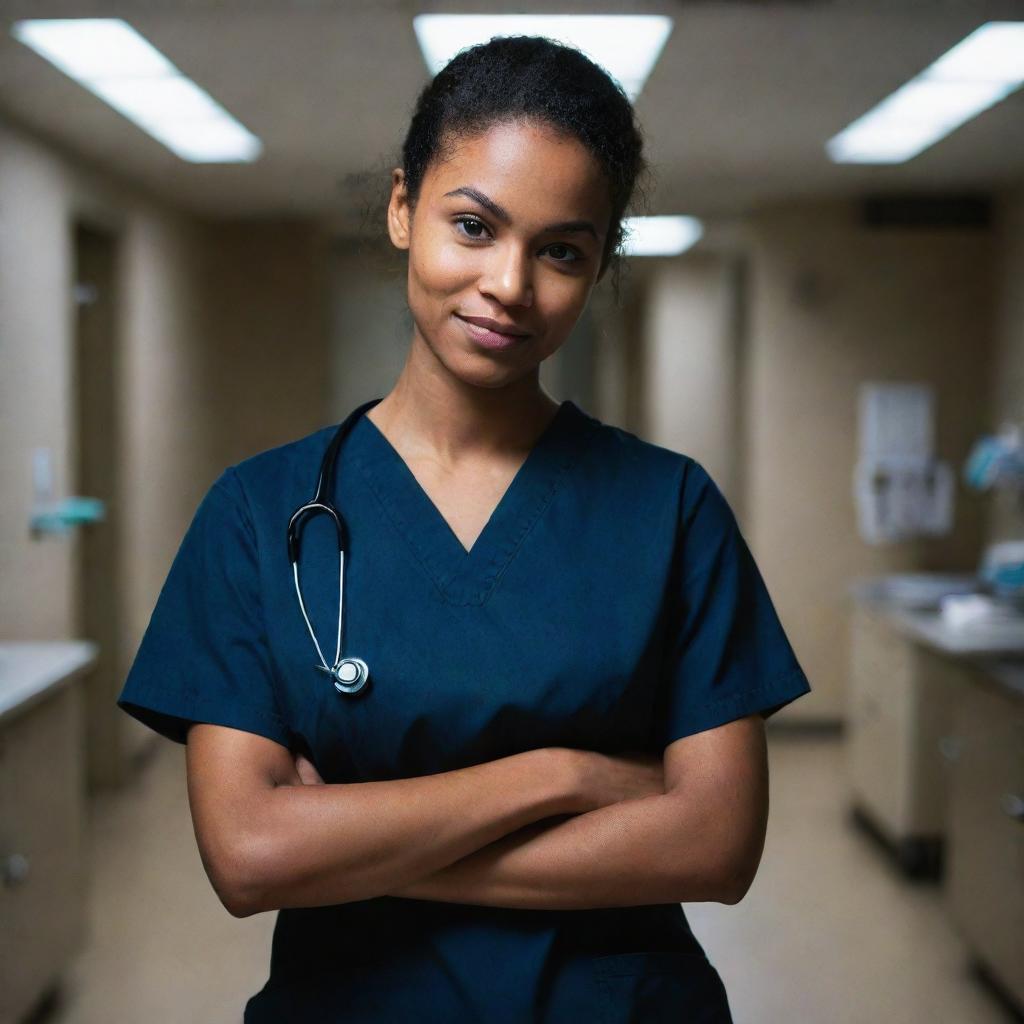 A menacing looking nursing student dressed in dark scrubs with a devilish smirk, holding medical equipment in dimly lit, ominous healthcare setting.