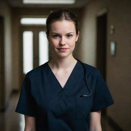 A menacing looking nursing student dressed in dark scrubs with a devilish smirk, holding medical equipment in dimly lit, ominous healthcare setting.