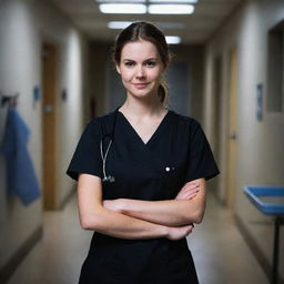 A menacing looking nursing student dressed in dark scrubs with a devilish smirk, holding medical equipment in dimly lit, ominous healthcare setting.