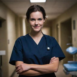 A menacing looking nursing student dressed in dark scrubs with a devilish smirk, holding medical equipment in dimly lit, ominous healthcare setting.