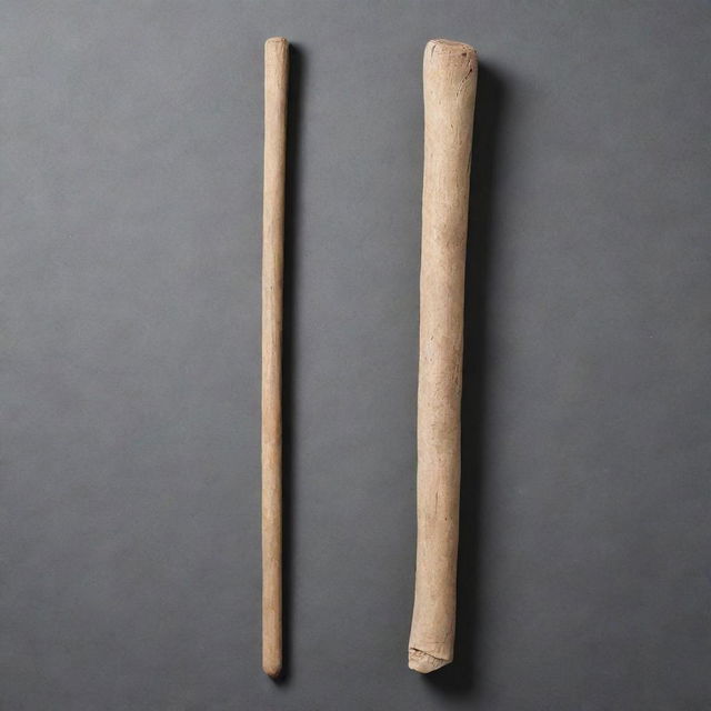 A large, robust wooden stick is placed adjacent to a significantly smaller, delicate stick, illustrating a dramatic size contrast