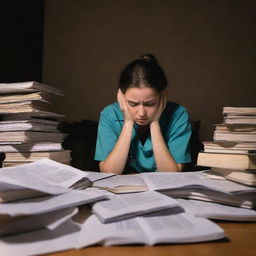 A nursing student looking stressed, swamped with textbooks, paperwork everywhere and a cup of coffee at hand, in a dimly lit room where shadows cast on their worried face.