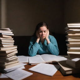 A nursing student looking stressed, swamped with textbooks, paperwork everywhere and a cup of coffee at hand, in a dimly lit room where shadows cast on their worried face.