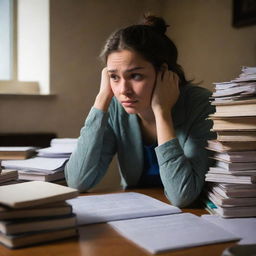 A nursing student looking stressed, swamped with textbooks, paperwork everywhere and a cup of coffee at hand, in a dimly lit room where shadows cast on their worried face.