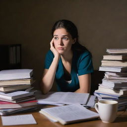 A nursing student looking stressed, swamped with textbooks, paperwork everywhere and a cup of coffee at hand, in a dimly lit room where shadows cast on their worried face.