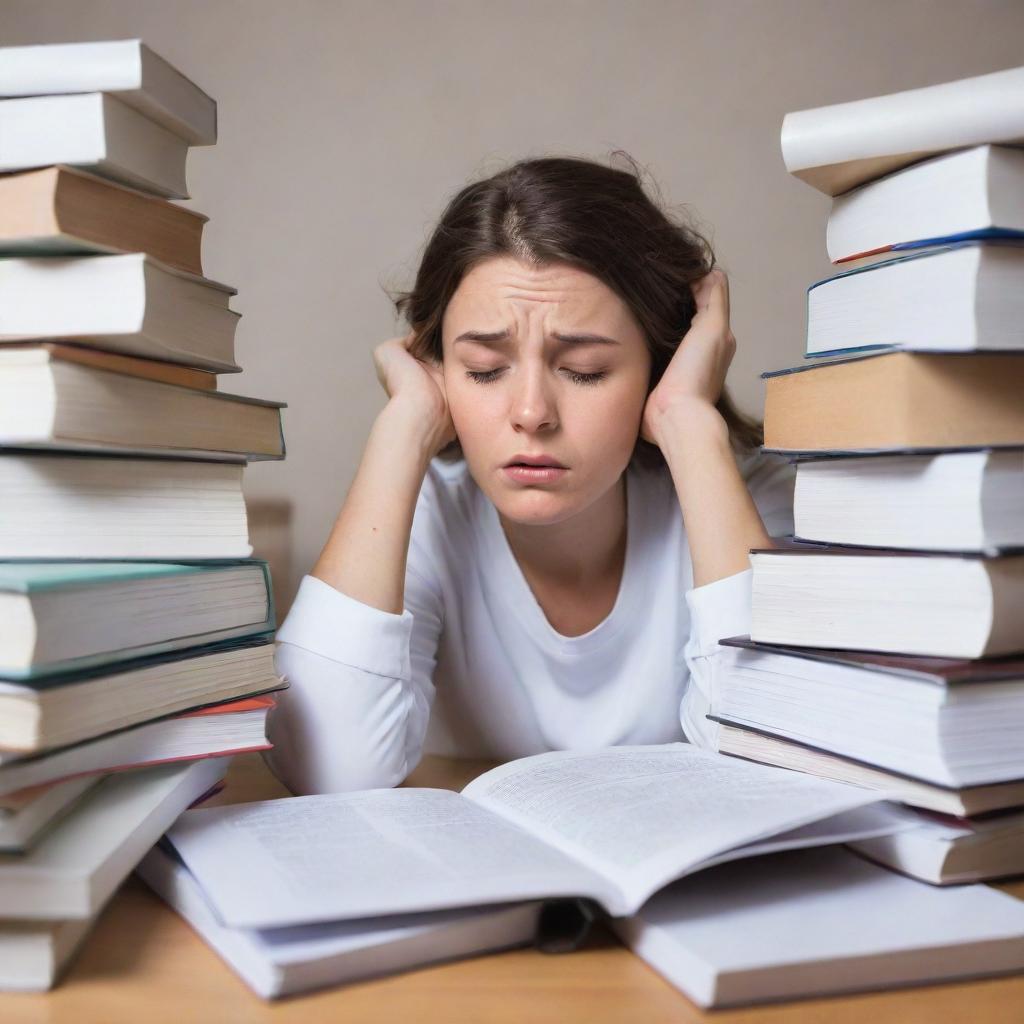 A nursing student completely overwhelmed by stress, hunched over piles of textbooks and paperwork, sleep deprived with a large coffee cup, amidst disorderly room. Visibly tense, sweat on their forehead, eyes wide in panic.