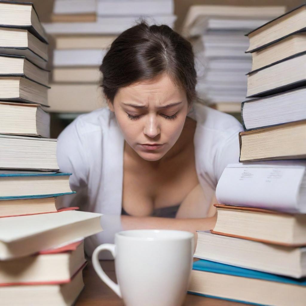 A nursing student completely overwhelmed by stress, hunched over piles of textbooks and paperwork, sleep deprived with a large coffee cup, amidst disorderly room. Visibly tense, sweat on their forehead, eyes wide in panic.