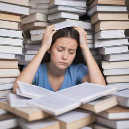 A nursing student completely overwhelmed by stress, hunched over piles of textbooks and paperwork, sleep deprived with a large coffee cup, amidst disorderly room. Visibly tense, sweat on their forehead, eyes wide in panic.