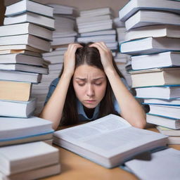 A nursing student completely overwhelmed by stress, hunched over piles of textbooks and paperwork, sleep deprived with a large coffee cup, amidst disorderly room. Visibly tense, sweat on their forehead, eyes wide in panic.