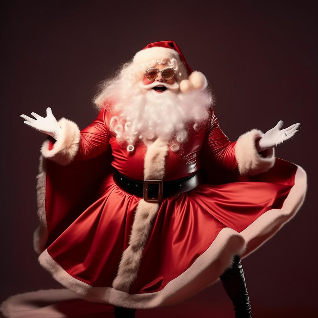 A spectacularly fabulous drag queen Santa, large and jolly, commanding the stage with charisma and joy