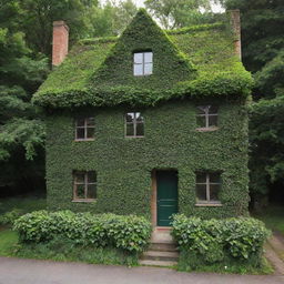 A house constructed entirely from lush, green leaves