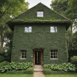 A house constructed entirely from lush, green leaves