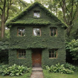 A house constructed entirely from lush, green leaves