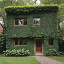 A house constructed entirely from lush, green leaves