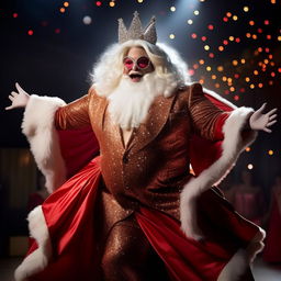 A spectacularly fabulous drag queen Santa, large and jolly, commanding the stage with charisma and joy