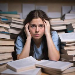 A nursing student at the brink of breakdown: hair in disarray, bags under their eyes, biting their nails nervously. Surrounding them is an unending sea of textbooks, papers, and half-empty coffee cups. Ambient light only emphasizes their worried countenance.