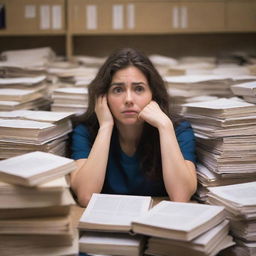 A nursing student at the brink of breakdown: hair in disarray, bags under their eyes, biting their nails nervously. Surrounding them is an unending sea of textbooks, papers, and half-empty coffee cups. Ambient light only emphasizes their worried countenance.