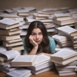 A nursing student at the brink of breakdown: hair in disarray, bags under their eyes, biting their nails nervously. Surrounding them is an unending sea of textbooks, papers, and half-empty coffee cups. Ambient light only emphasizes their worried countenance.