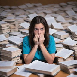 A nursing student at the brink of breakdown: hair in disarray, bags under their eyes, biting their nails nervously. Surrounding them is an unending sea of textbooks, papers, and half-empty coffee cups. Ambient light only emphasizes their worried countenance.