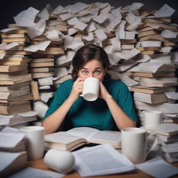 A nursing student at the extreme edge of stress, face wrought with terror, amidst an ocean of chaotic books and papers, with a spilled oversize coffee mug. A timer counting down adds to the pressures in the dim scary light.