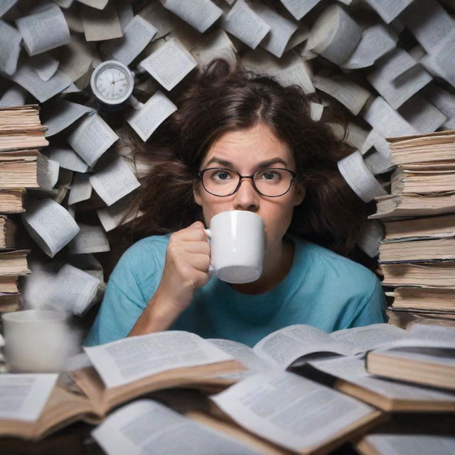 A nursing student at the extreme edge of stress, face wrought with terror, amidst an ocean of chaotic books and papers, with a spilled oversize coffee mug. A timer counting down adds to the pressures in the dim scary light.