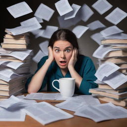 A nursing student at the extreme edge of stress, face wrought with terror, amidst an ocean of chaotic books and papers, with a spilled oversize coffee mug. A timer counting down adds to the pressures in the dim scary light.