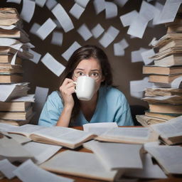 A nursing student at the extreme edge of stress, face wrought with terror, amidst an ocean of chaotic books and papers, with a spilled oversize coffee mug. A timer counting down adds to the pressures in the dim scary light.