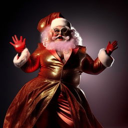 A spectacularly fabulous drag queen Santa, large and jolly, commanding the stage with charisma and joy