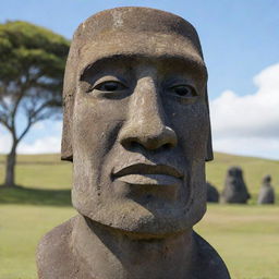 A detailed, realistic sculpture of a moai, aka Easter Island head