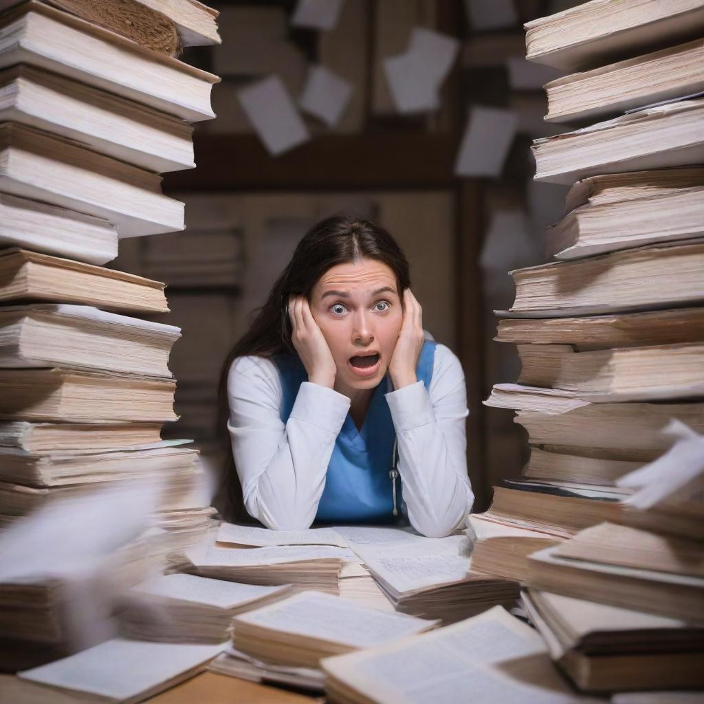 A nursing student under immense stress, visibly shaking, surrounded by towering stacks of textbooks and crumpled papers, coffee spilling from a trembling hand. In the harsh, flickering light of a single lamp, their terrified face is the picture of extreme anxiety.