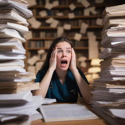 A nursing student under immense stress, visibly shaking, surrounded by towering stacks of textbooks and crumpled papers, coffee spilling from a trembling hand. In the harsh, flickering light of a single lamp, their terrified face is the picture of extreme anxiety.