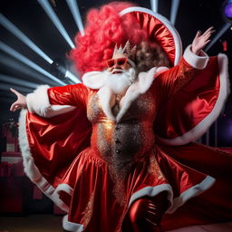 A spectacularly fabulous drag queen Santa, large and jolly, commanding the stage with charisma and joy