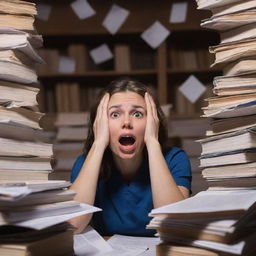 A nursing student under immense stress, visibly shaking, surrounded by towering stacks of textbooks and crumpled papers, coffee spilling from a trembling hand. In the harsh, flickering light of a single lamp, their terrified face is the picture of extreme anxiety.