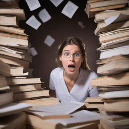 A nursing student under immense stress, visibly shaking, surrounded by towering stacks of textbooks and crumpled papers, coffee spilling from a trembling hand. In the harsh, flickering light of a single lamp, their terrified face is the picture of extreme anxiety.