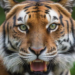 Close-up, detailed and vivid image of a tiger's head with striking orange and black stripes, piercing green eyes, and intimidating sharp teeth.