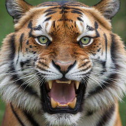 Close-up, detailed and vivid image of a tiger's head with striking orange and black stripes, piercing green eyes, and intimidating sharp teeth.