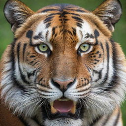 Close-up, detailed and vivid image of a tiger's head with striking orange and black stripes, piercing green eyes, and intimidating sharp teeth.