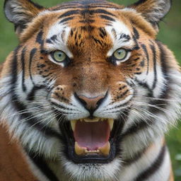 Close-up, detailed and vivid image of a tiger's head with striking orange and black stripes, piercing green eyes, and intimidating sharp teeth.