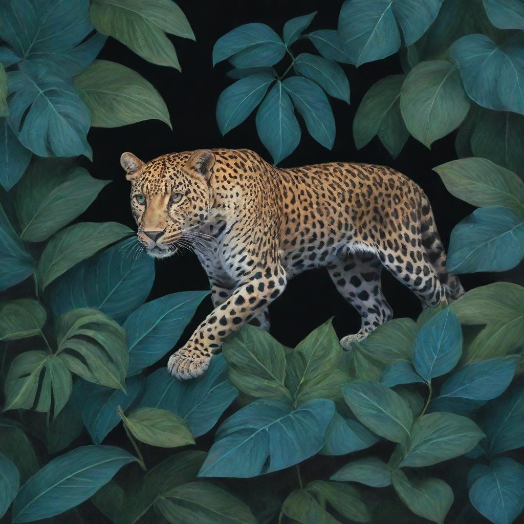 A leopard stealthily moving in the jungle at night, surrounded by beautiful blue-green leaves in flat perspective, reminiscent of Turkish miniatures. Toucans and paradise birds perching on the trees.